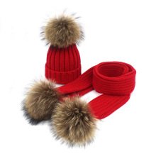 Venda quente de inverno crianças cachecol cor pura acrílico malha chapéu e cachecol conjunto com pele do falso pom poms